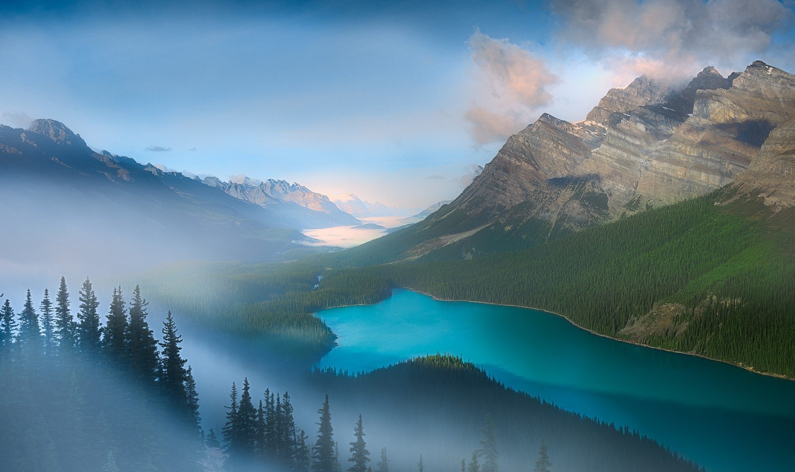 nature, Photography, Landscape, Lake, Mountains, Forest, Mist, Turquoise, Water, Pine Trees, Valley, Banff National Park, Canada Wallpaper