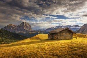 nature, Photography, Landscape, Hut, Mountains, Dry Grass, Fall, Forest, Clouds, Sunlight, Sunset, Italy