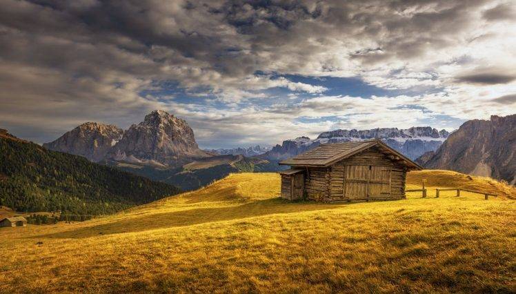 nature, Photography, Landscape, Hut, Mountains, Dry Grass, Fall, Forest, Clouds, Sunlight, Sunset, Italy HD Wallpaper Desktop Background