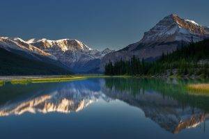 photography, Nature, Landscape, Morning, Sunlight, Rocky Mountains, Lake, Snowy Peak, Reflection, Forest, Calm, Canada