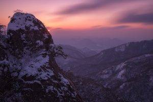 photography, Nature, Mountains, Sunset, Snow, Mist, Sky, Shrubs, Landscape, South Korea