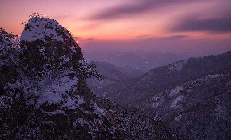 photography, Nature, Mountains, Sunset, Snow, Mist, Sky, Shrubs, Landscape, South Korea HD Wallpaper Desktop Background