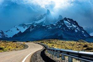 photography, Nature, Mountains, Snowy Peak, Road, Sunset, Clouds, Shrubs, Patagonia, Argentina, Landscape