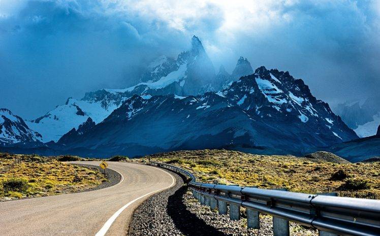 photography, Nature, Mountains, Snowy Peak, Road, Sunset, Clouds, Shrubs, Patagonia, Argentina, Landscape HD Wallpaper Desktop Background