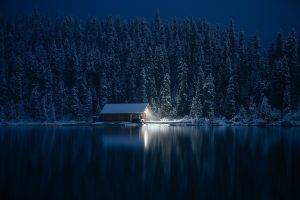 photography, Nature, Cabin, Winter, Forest, Lake, Snow, Lights, Pine Trees, Cold, Landscape