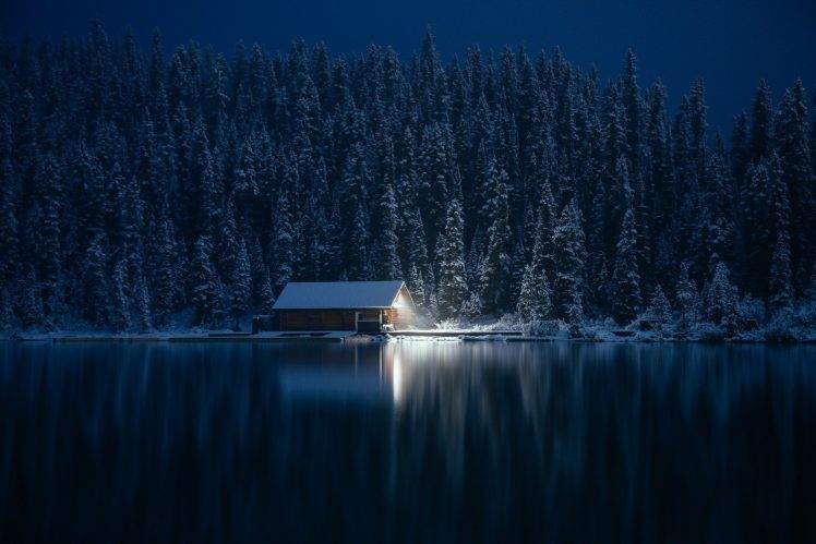 photography, Nature, Cabin, Winter, Forest, Lake, Snow, Lights, Pine Trees, Cold, Landscape HD Wallpaper Desktop Background