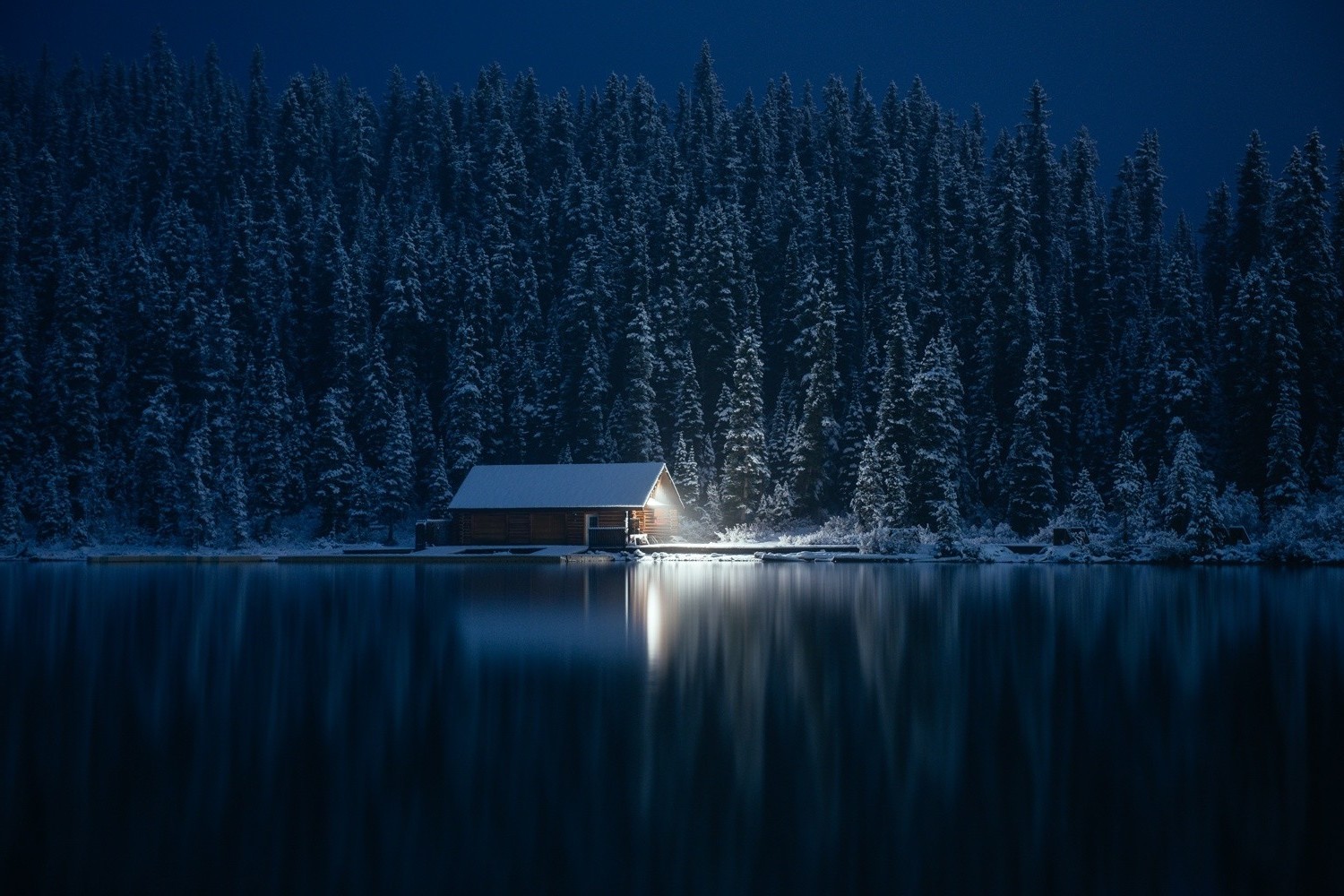 photography, Nature, Cabin, Winter, Forest, Lake, Snow, Lights, Pine Trees, Cold, Landscape Wallpaper