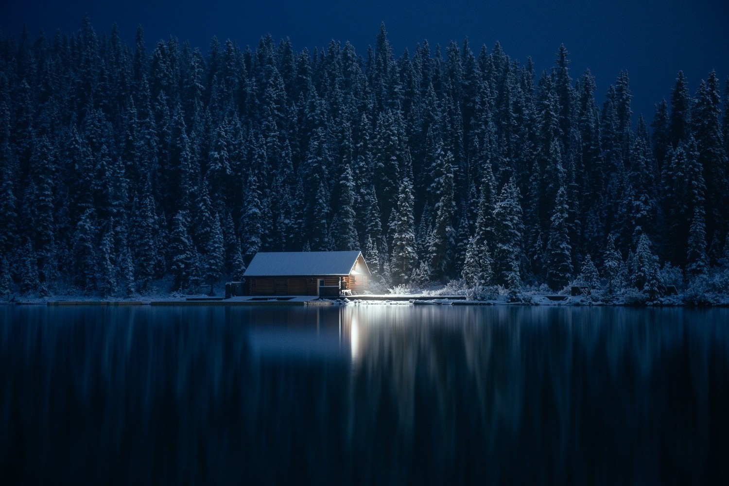 Photography Nature Cabin Winter Forest Lake Snow Lights Pine