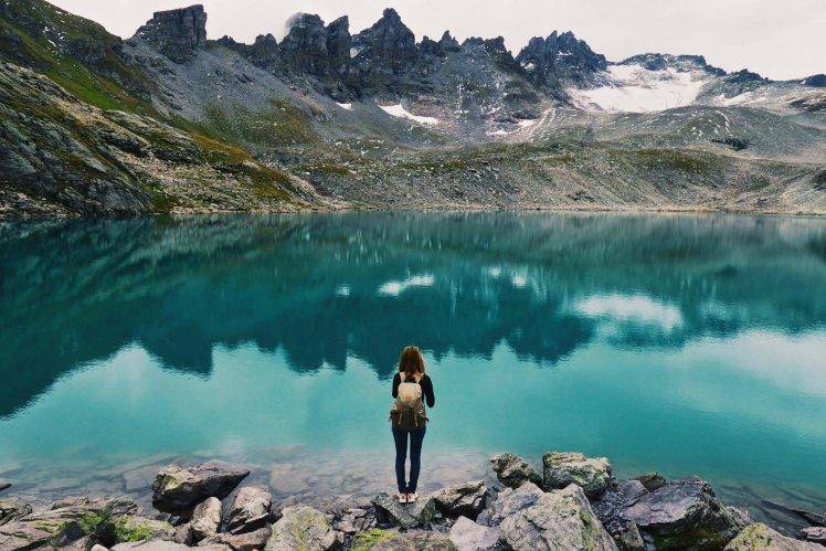 women, Photography, Nature, Landscape, Lake, Hiking, Turquoise, Water, Mountains, Overcast, Daylight HD Wallpaper Desktop Background