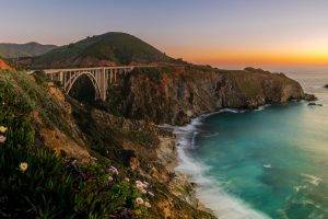 photography, Nature, Landscape, Sunset, Sea, Bridge, Coast, Wildflowers, Cliff, Hills, Beach, California