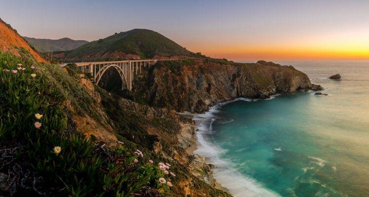 photography, Nature, Landscape, Sunset, Sea, Bridge, Coast, Wildflowers, Cliff, Hills, Beach, California HD Wallpaper Desktop Background