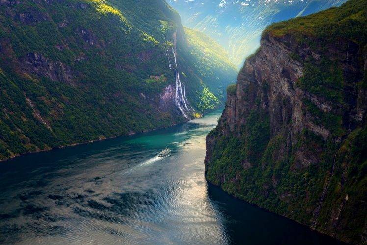 photography, Nature, Landscape, Mountains, Ship, Fjord, Summer, Sunlight, Norway HD Wallpaper Desktop Background