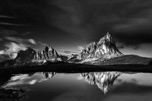 nature, Landscape, Mountains, Clouds, Dolomites (mountains), Lake, Water, House, Reflection, Monochrome