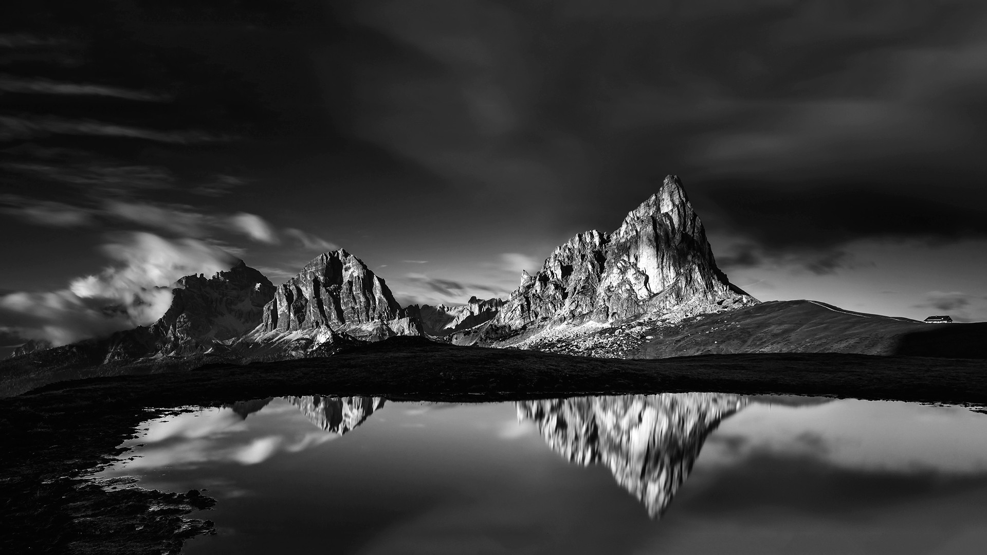 nature, Landscape, Mountains, Clouds, Dolomites (mountains), Lake, Water, House, Reflection, Monochrome Wallpaper