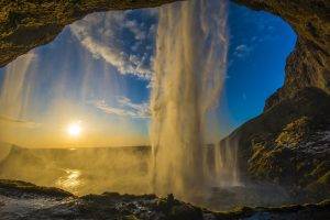 nature, Landscape, Photography, Waterfall, Sunset, Cave, Sunlight, Iceland