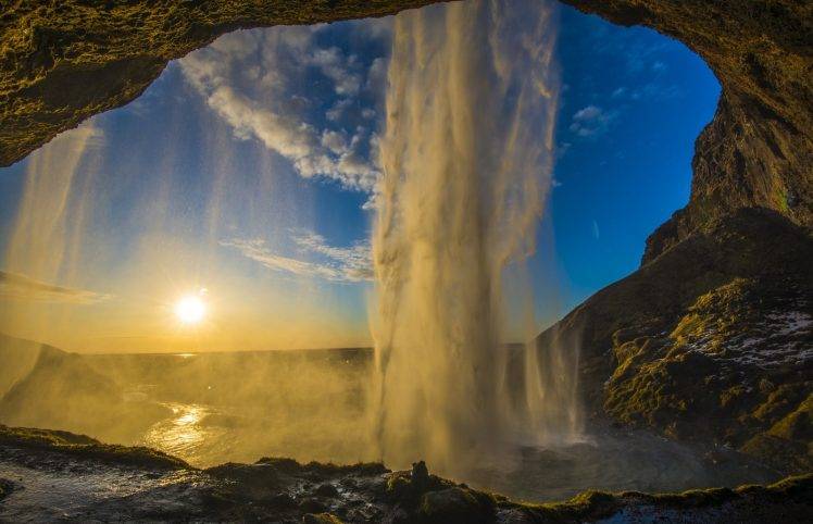 nature, Landscape, Photography, Waterfall, Sunset, Cave, Sunlight, Iceland HD Wallpaper Desktop Background