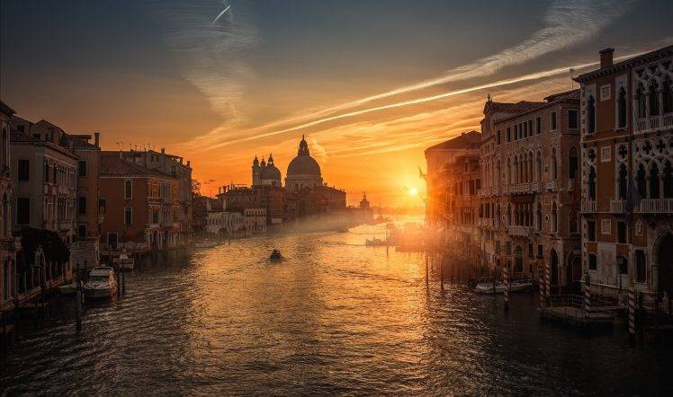 nature, Landscape, Photography, Sunset, Canal, Boat, Building, Clouds, Sunlight, Venice, Italy HD Wallpaper Desktop Background