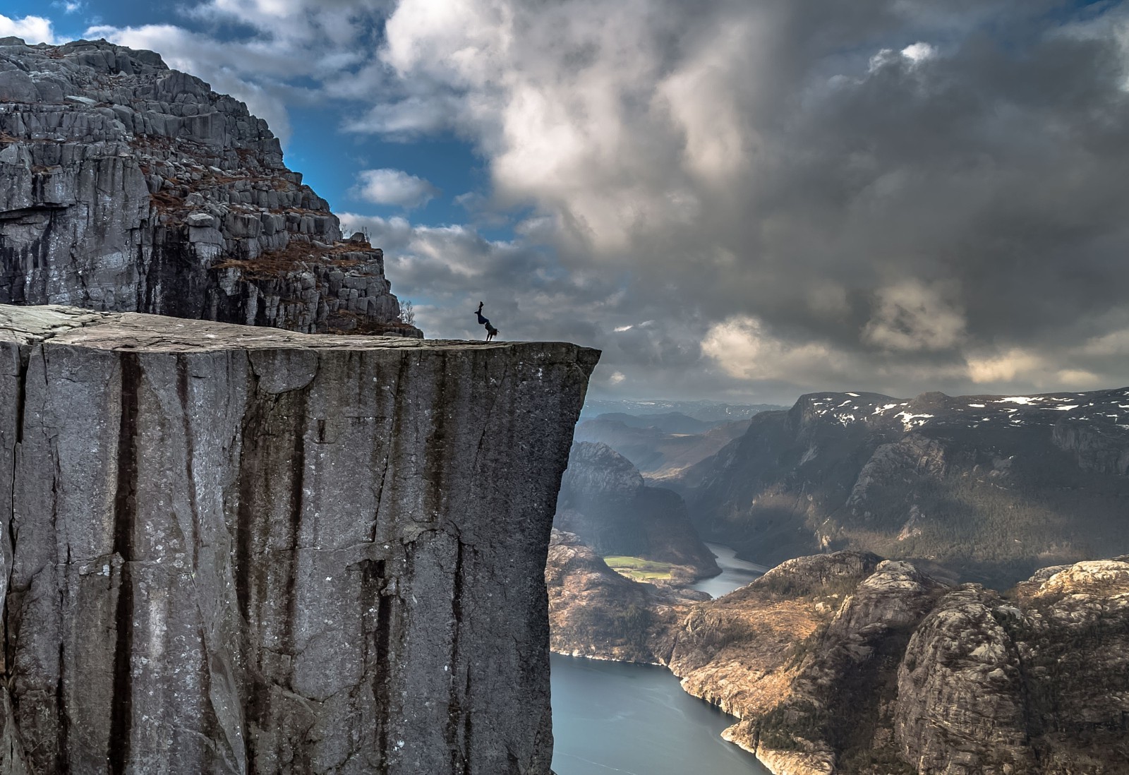 handstand, Nature, Landscape, Photography, Cliff, Fjord, Mountains, Clouds, Rock, Norway Wallpaper