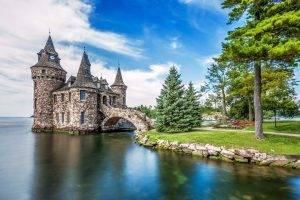 architecture, Castle, Ancient, Nature, Trees, Landscape, Clouds, New York State, USA, Water, Lake, Island, Stones, Bridge, Tower, Clock Tower, Path, Flowers, Bench, Grass, Park
