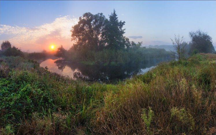 nature, Photography, Landscape, River, Morning, Sunlight, Trees, Shrubs, Mist HD Wallpaper Desktop Background