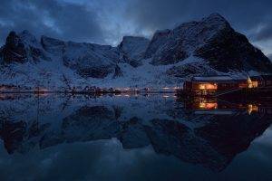 nature, Photography, Landscape, Winter, Mountains, Snow, Lake, Cold, Village, Lights, Reflection, Calm