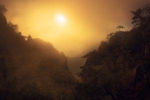 nature, Photography, Landscape, Morning, Sunlight, Mist, Fall, Trees, Shrubs, Valley, Mountains, South Korea