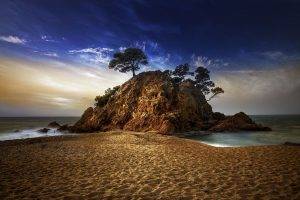 nature, Photography, Landscape, Sand, Beach, Rocks, Sea, Clouds, Trees, Sunset, Spain