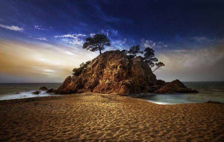 nature, Photography, Landscape, Sand, Beach, Rocks, Sea, Clouds, Trees, Sunset, Spain HD Wallpaper Desktop Background