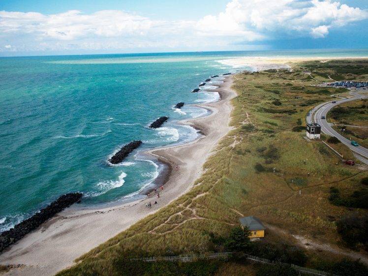 nature, Photography, Landscape, Beach, Sea, Road, House, Grass, Aerial View, Sand, Denmark HD Wallpaper Desktop Background