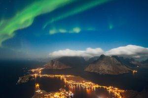 nature, Photography, Landscape, Aurora Boreal, Sea, Mountains, Town, Lights, Starry Night, Lofoten Islands, Norway