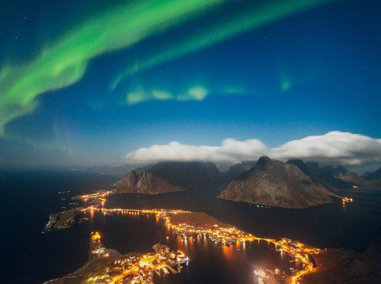 nature, Photography, Landscape, Aurora Boreal, Sea, Mountains, Town, Lights, Starry Night, Lofoten Islands, Norway HD Wallpaper Desktop Background