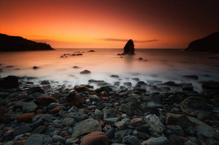 photography, Nature, Landscape, Sunset, Rock, Water, Sea HD Wallpaper Desktop Background