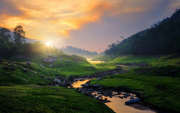 nature, Landscape, Photography, River, Grass, Sunset, Trees HD Wallpaper Desktop Background