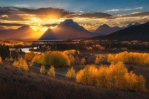 nature, Photography, Landscape, Sunset, Mountains, Sun Rays, Forest, River, Fall, Road, Dry Grass, Trees, Clouds, Grand Teton National Park, Wyoming
