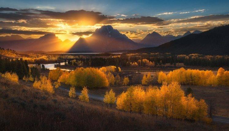 nature, Photography, Landscape, Sunset, Mountains, Sun Rays, Forest, River, Fall, Road, Dry Grass, Trees, Clouds, Grand Teton National Park, Wyoming HD Wallpaper Desktop Background