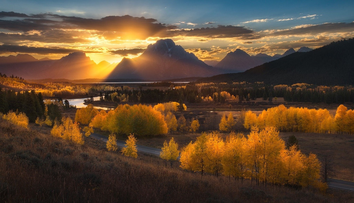 nature, Photography, Landscape, Sunset, Mountains, Sun Rays, Forest, River, Fall, Road, Dry Grass, Trees, Clouds, Grand Teton National Park, Wyoming Wallpaper