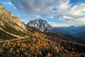nature, Photography, Landscape, Mountains, Forest, Fall, Road, Clouds, Dolomites (mountains), Italy