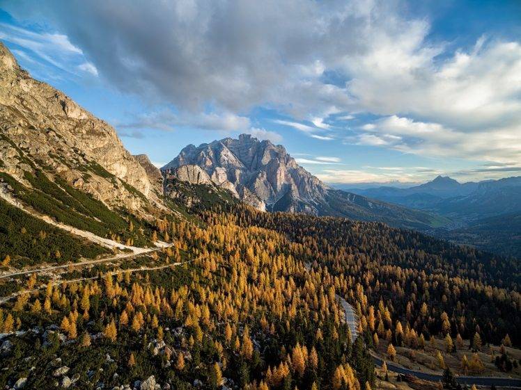 nature, Photography, Landscape, Mountains, Forest, Fall, Road, Clouds, Dolomites (mountains), Italy HD Wallpaper Desktop Background