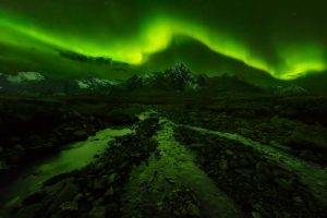nature, Photography, Landscape, Aurora Boreal, Mountains, Green, Sky, Starry Night, Snowy Peak, Creeks, Natural Light, Yukon, Canada