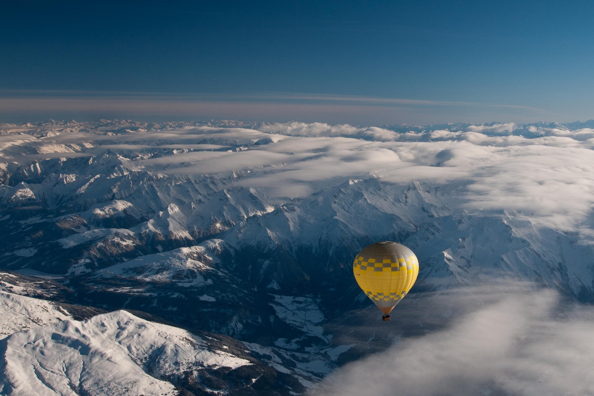 nature, Photography, Landscape, Mountains, Snow, Blue, Sky, Hot Air Balloons, Aerial View, Sunlight Wallpaper