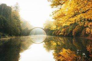 nature, Photography, Landscape, Fall, Morning, Sunlight, Trees, River, Reflection, Bridge, Yellow, Leaves, Germany