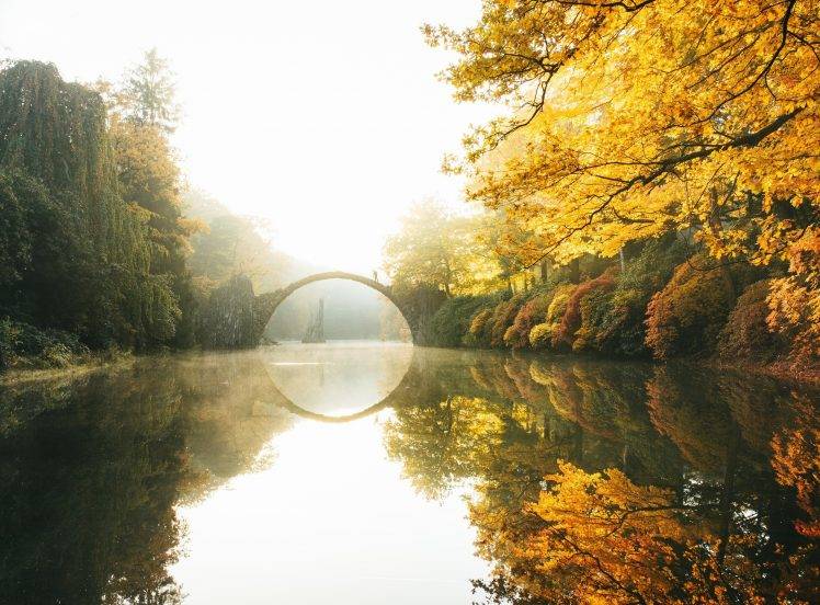 nature, Photography, Landscape, Fall, Morning, Sunlight, Trees, River, Reflection, Bridge, Yellow, Leaves, Germany HD Wallpaper Desktop Background
