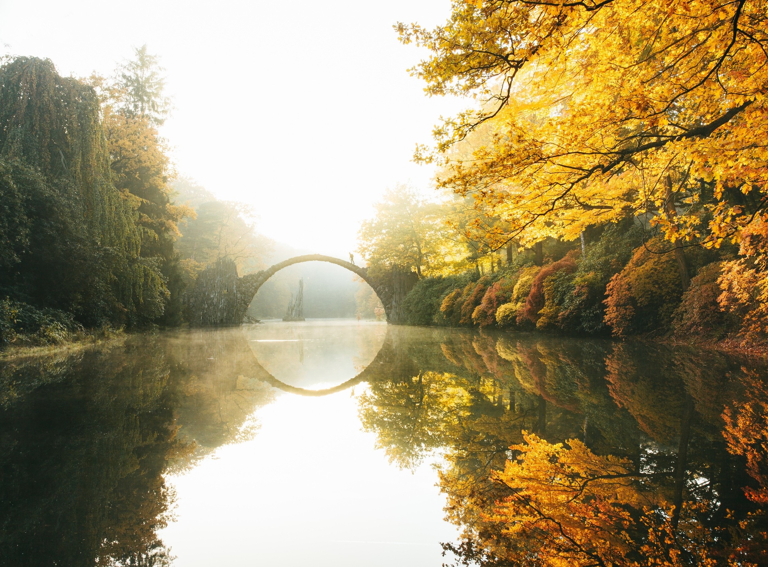 nature, Photography, Landscape, Fall, Morning, Sunlight, Trees, River, Reflection, Bridge, Yellow, Leaves, Germany Wallpaper
