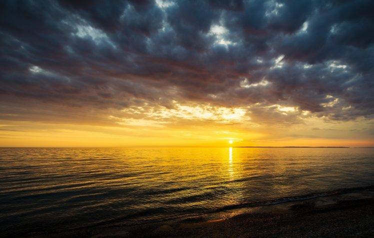photography, Landscape, Nature, Aerial View, Sea, Beach, Clouds, Sunset, Sun HD Wallpaper Desktop Background