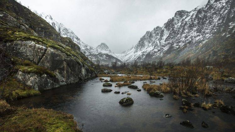 mountains, Nature, River, Rocks, Landscape, Snow, Water HD Wallpaper Desktop Background