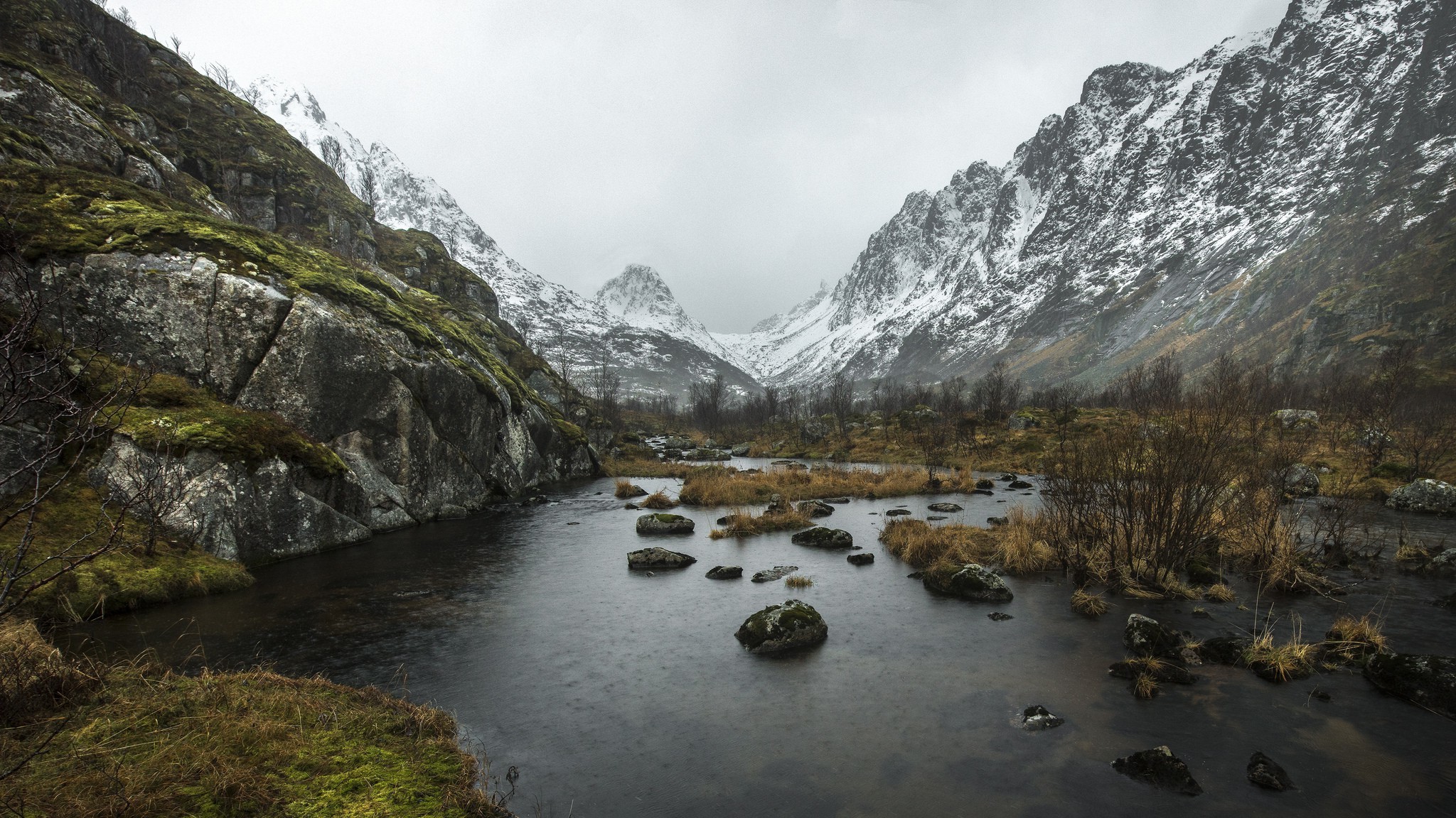 mountains, Nature, River, Rocks, Landscape, Snow, Water Wallpaper