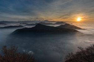 landscape, Photography, Nature, Mountains, Sunset, Mist, Sky, Sun Rays, Shrubs, City, Swiss Alps