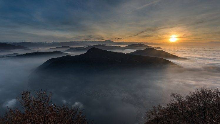 landscape, Photography, Nature, Mountains, Sunset, Mist, Sky, Sun Rays, Shrubs, City, Swiss Alps HD Wallpaper Desktop Background