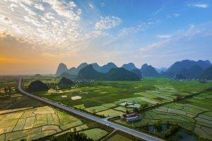 landscape, Photography, Nature, Field, Mountains, Sunset, Road, Clouds, Village, Guilin, China, Rice Paddy