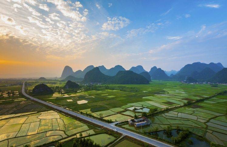landscape, Photography, Nature, Field, Mountains, Sunset, Road, Clouds, Village, Guilin, China, Rice Paddy HD Wallpaper Desktop Background
